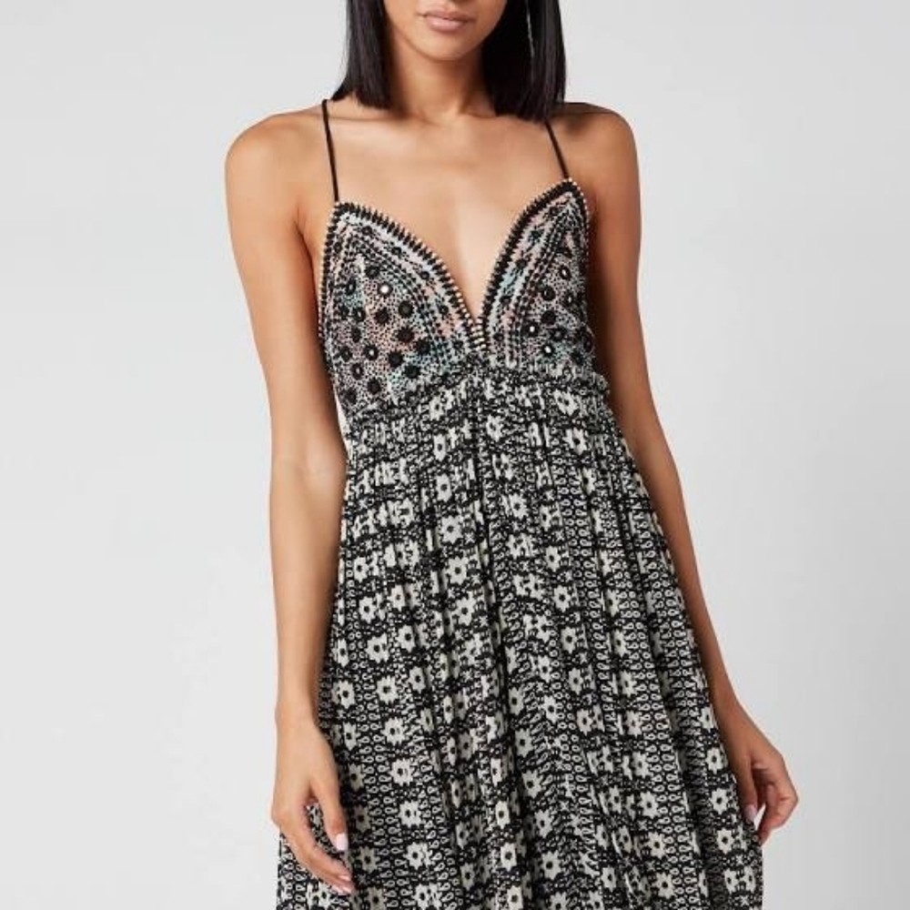 Free People Good Vibes Embroidered Cotton Long Maxi DRESS One Size - Picture 9 of 14